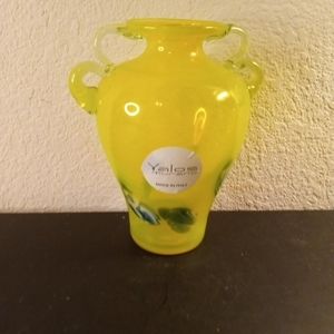 EXQUISITE Signed Yalos Murano Italy Canary Yellow Millefiore 7" Dual Handle Vase
